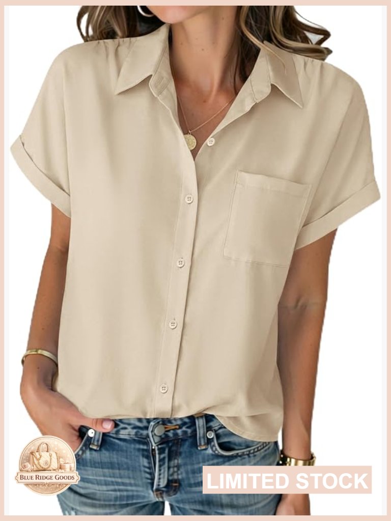 Short Sleeve Button Down Blouse V Neck Dressy Casual Business Work Top Pocket
